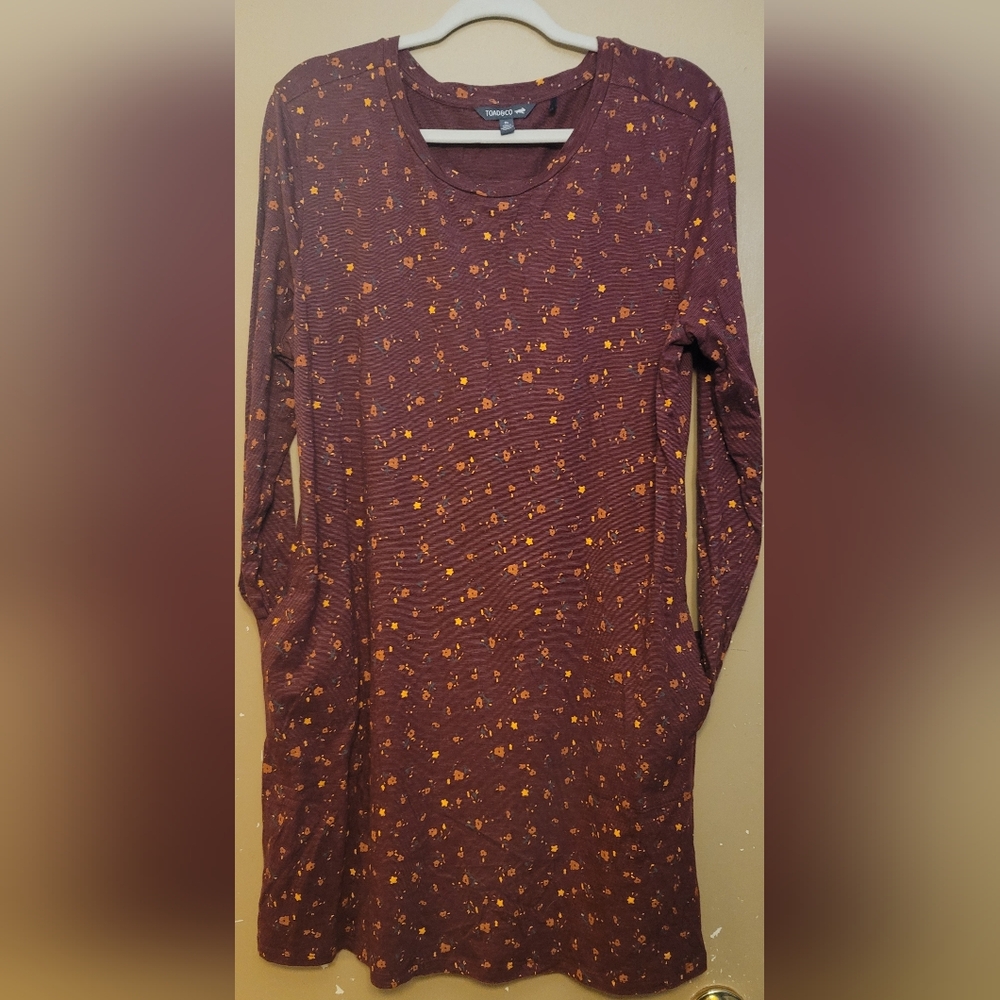Toad & Co., Pocketed, Maroon Long Sleeve Dress with Floral Print